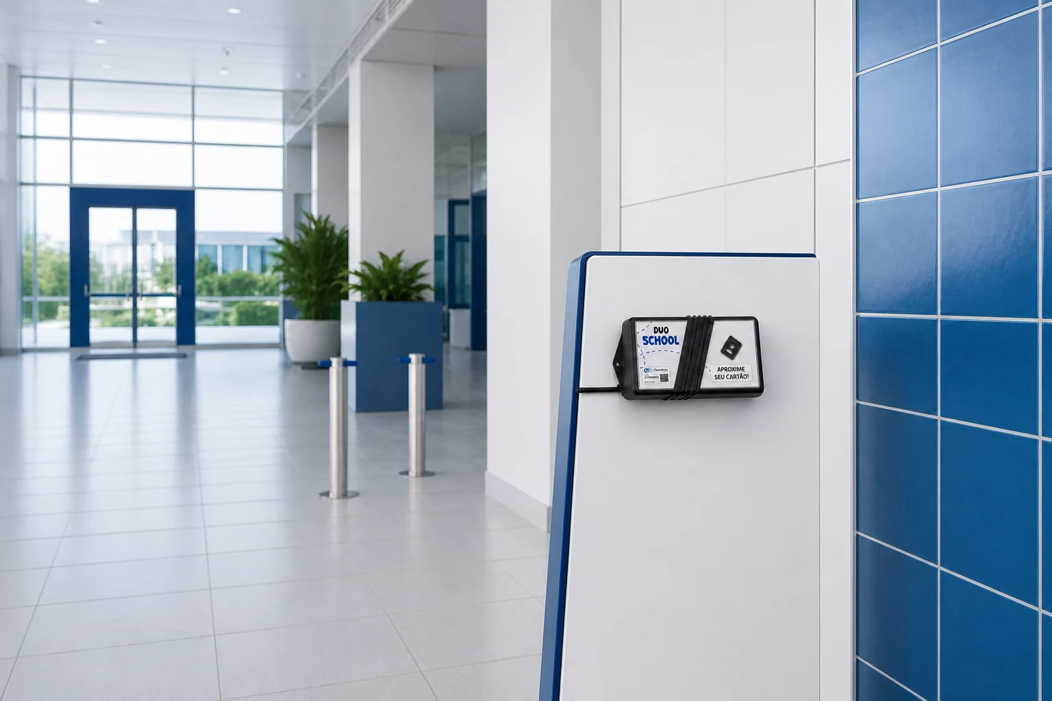 Leitor RFID DVOMR32S instalado em um ponto de acesso escolar