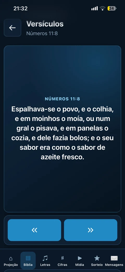 Acesso web do DVOWorship no celular exibindo um versículo e os controles de avanço.